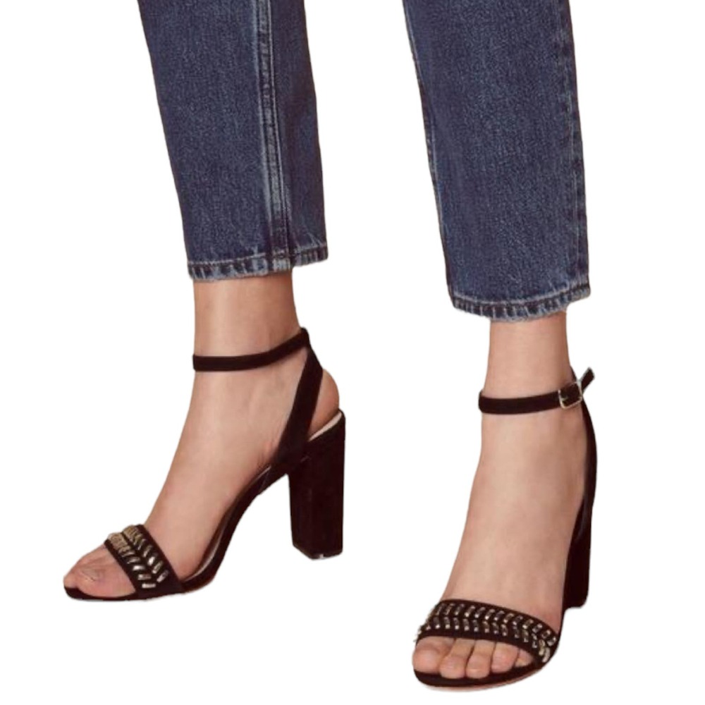 SANDRO PARIS Black Suede Sandals Gina Block Heels Studded Detail 40 / 9-9.5 NWB - Picture 1 of 11